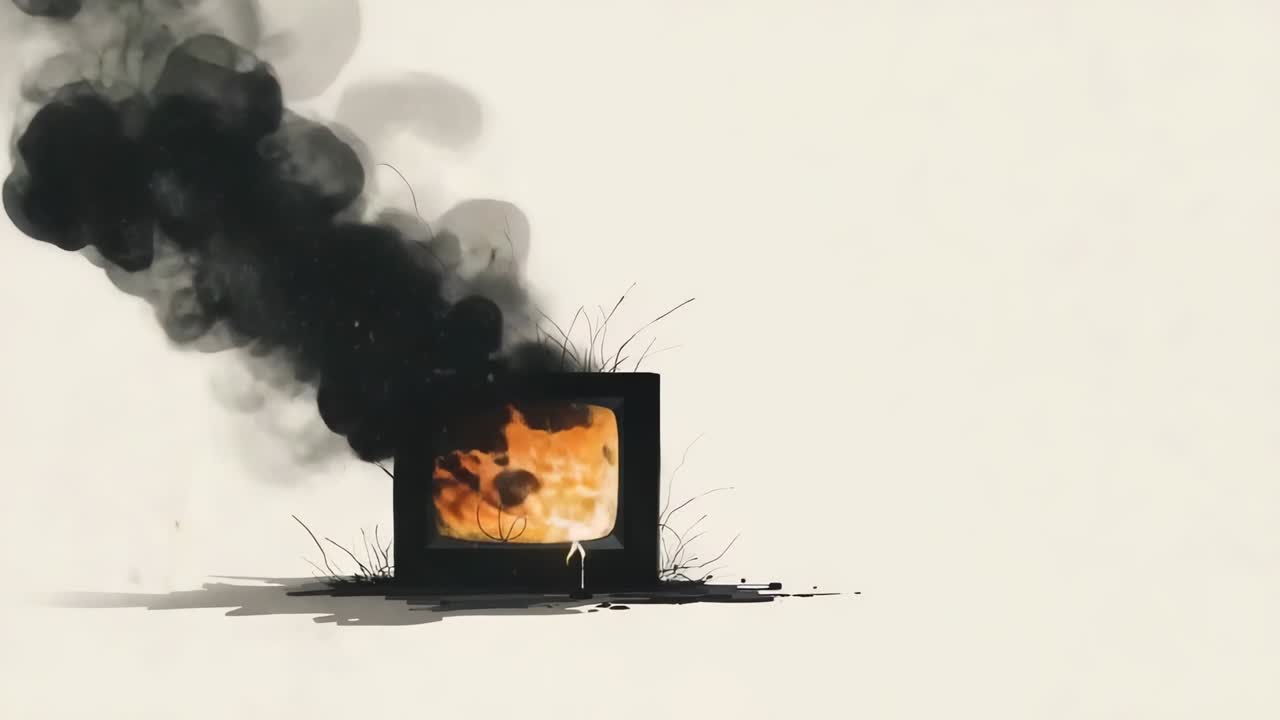 Box-shaped monitor emitting flickering flame on pale field, smoke rising and billowing above grass