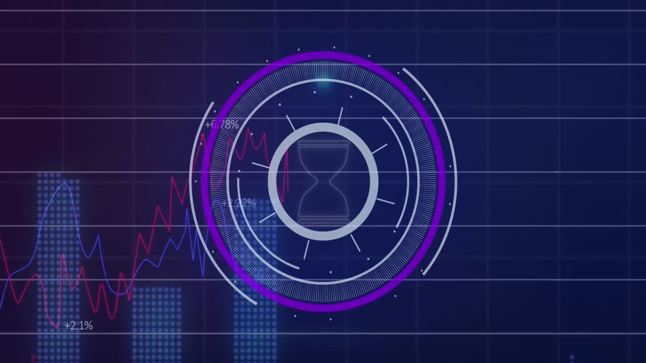 Animation of round scanner and statistical data processing against purple gradient background
