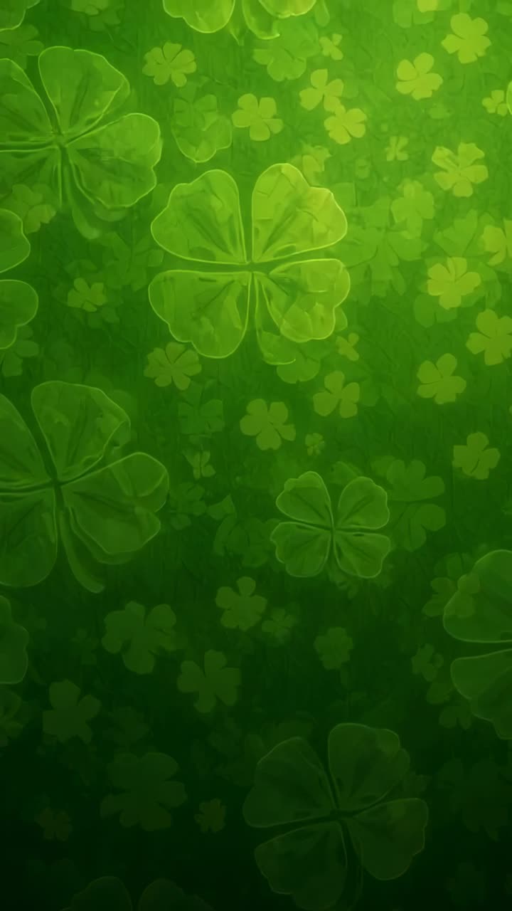 Vertical video: Looping translucent four-leaf clovers drifting upward on green field for wallpaper