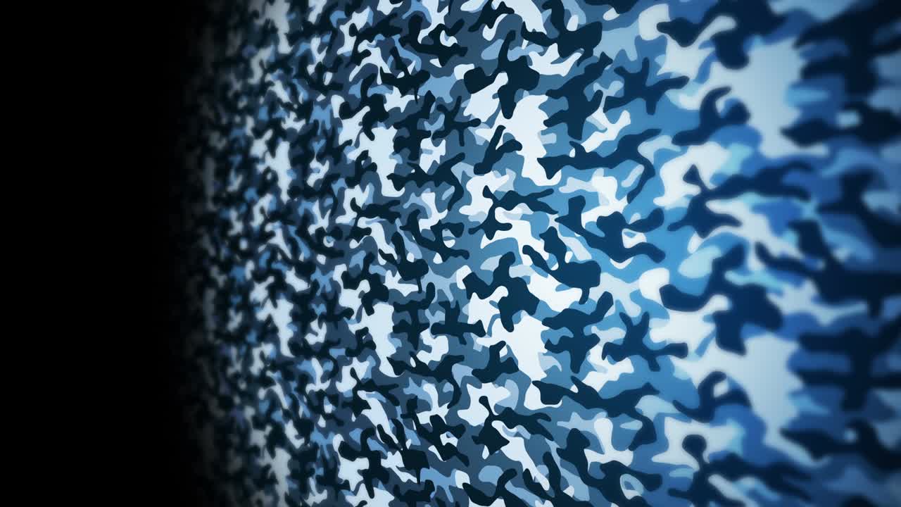 파란색 위장 패턴 배경, 군사 유니폼 개념, 추상적인 선과 파동 텍스처, 루프 애니메이션