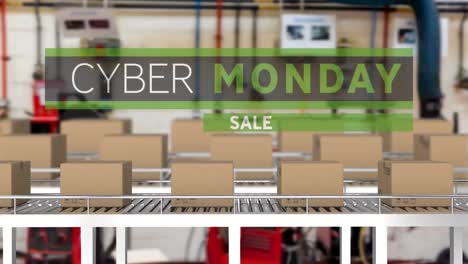 Animación-Del-Texto-De-Venta-Del-Cyber-Monday-Sobre-Cajas-De-Cartón-En-Cintas-Transportadoras.