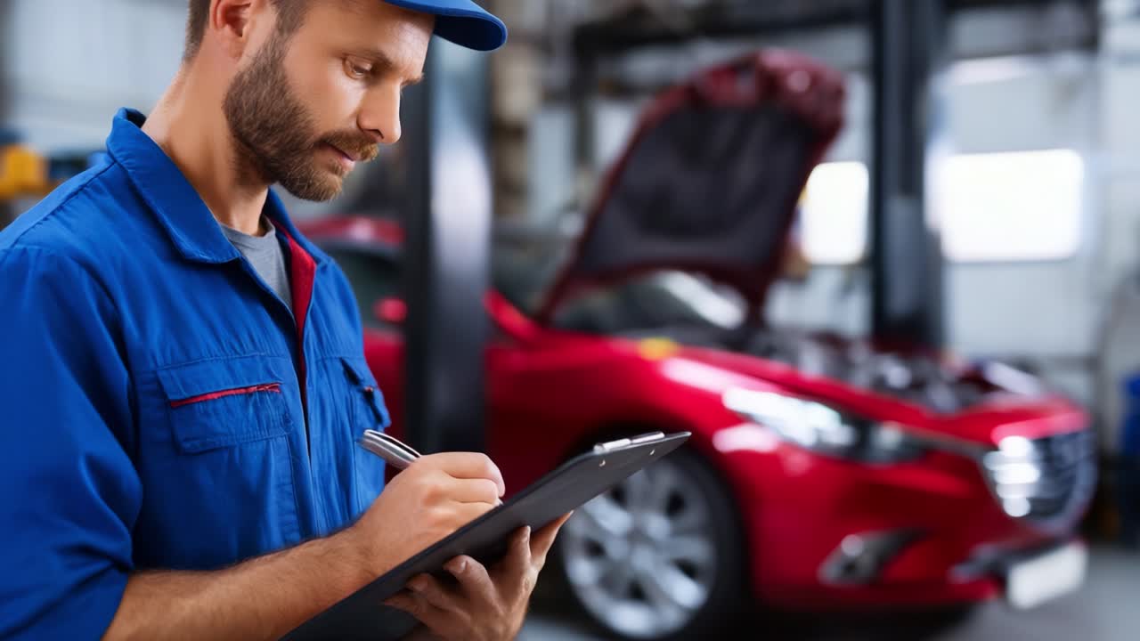 Tecnico automobilistico che ispeziona un veicolo in officina mentre prende appunti sul rapporto di manutenzione per un servizio auto e procedure di riparazione efficienti