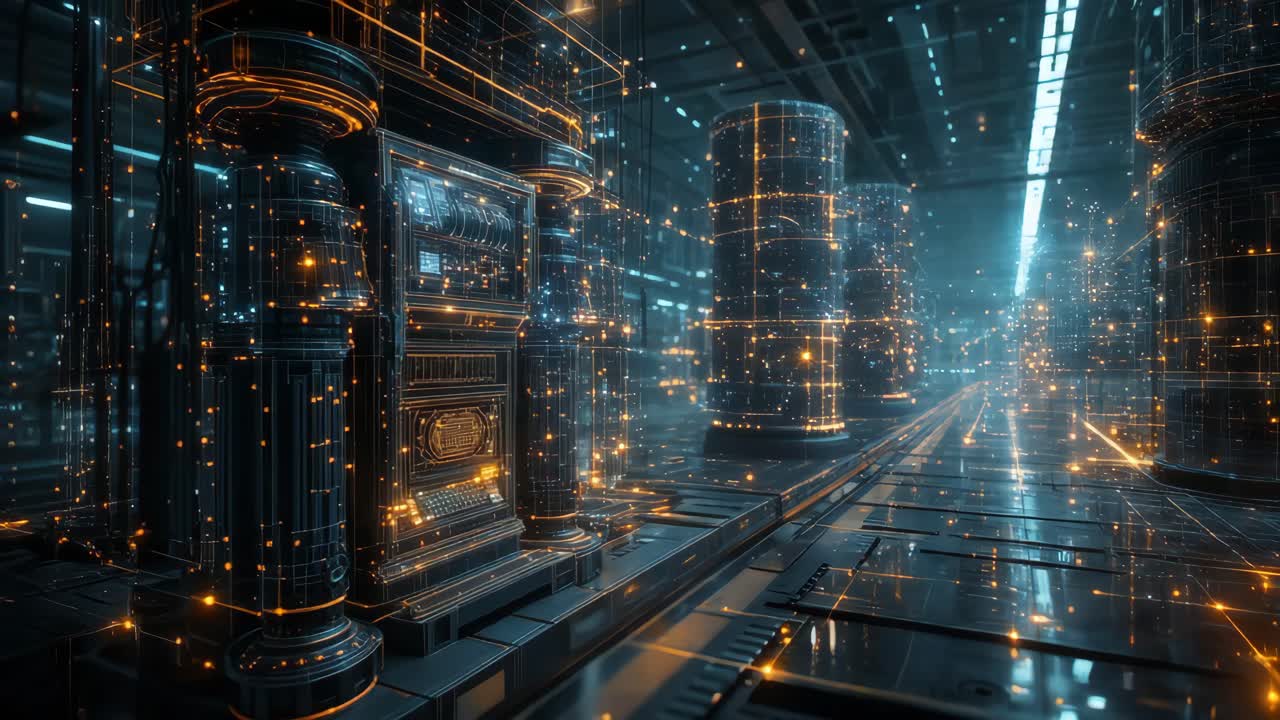 corredor industrial futurista con una interfaz brillante