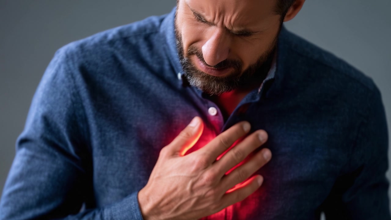 A Man Experiencing Heart Discomfort Grabs His Chest in Concern, Signifying Potential Health Issues and the Importance of Recognizing Symptoms for Cardiac Health Awareness.