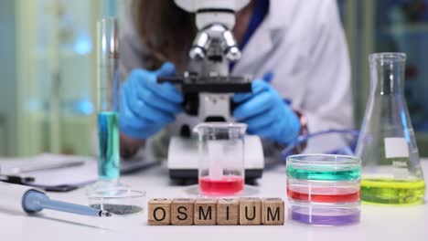 a scientist working with a microscope and various chemicals in a laboratory, with "osmium" spelled out in wooden blocks on the table