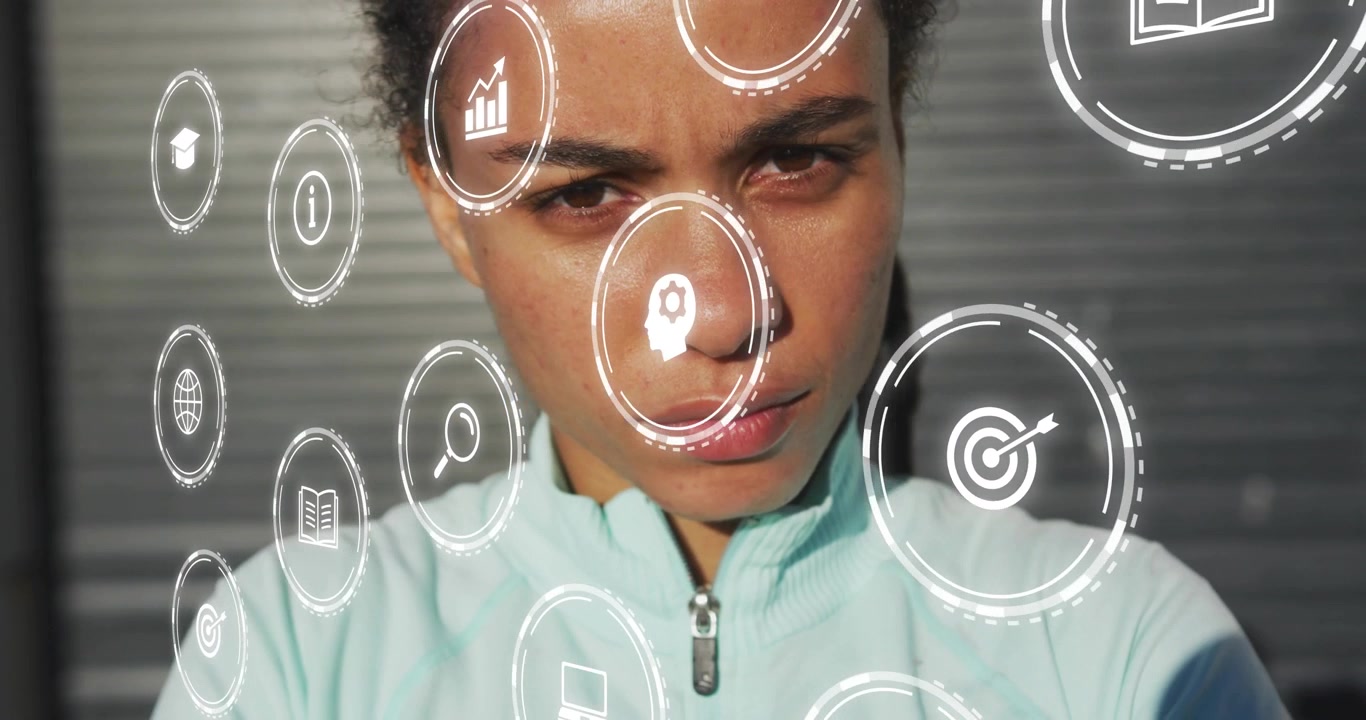 woman standing before shutter book chart icons drifting around face powering educational analytics