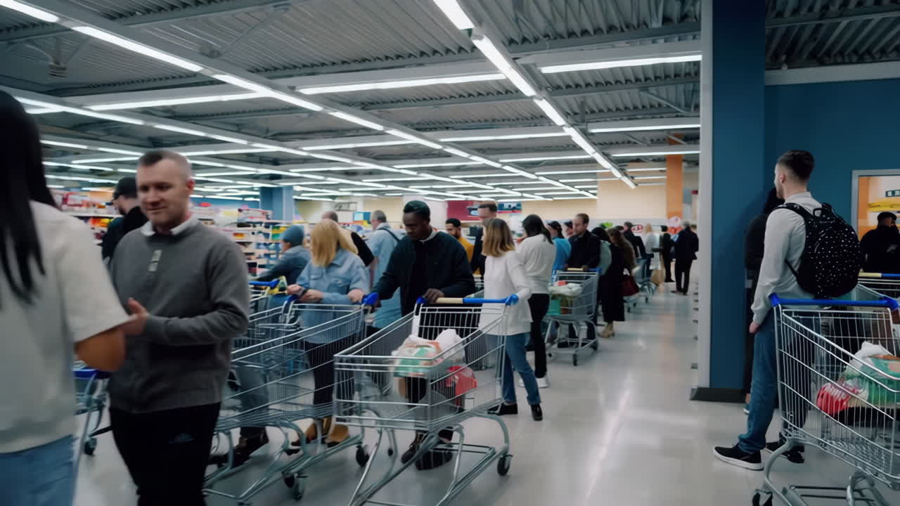 Long queue of customers at supermarket checkout