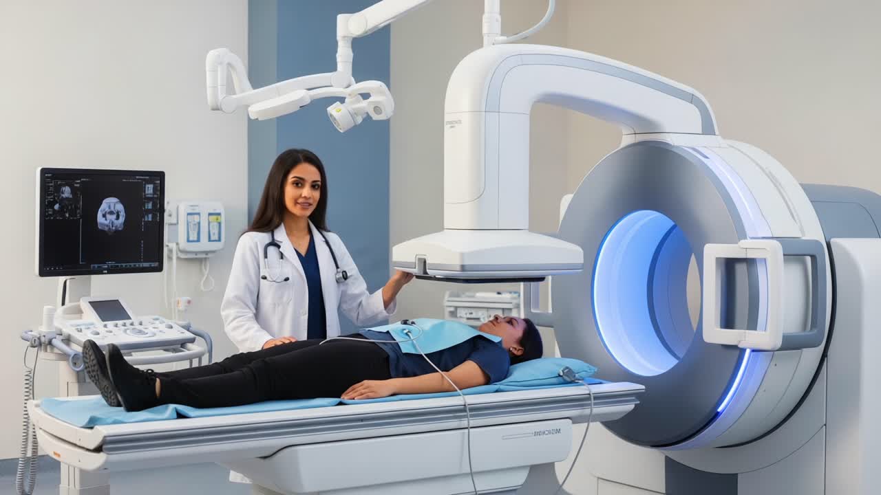 A Medical Professional Conducts a Diagnostic Imaging Procedure with Advanced Equipment, Ensuring Patient Comfort and Care in a Clinical Setting