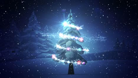 Video-composition-with-falling-snow--winter-scene-with-lights-on-christmas-tree