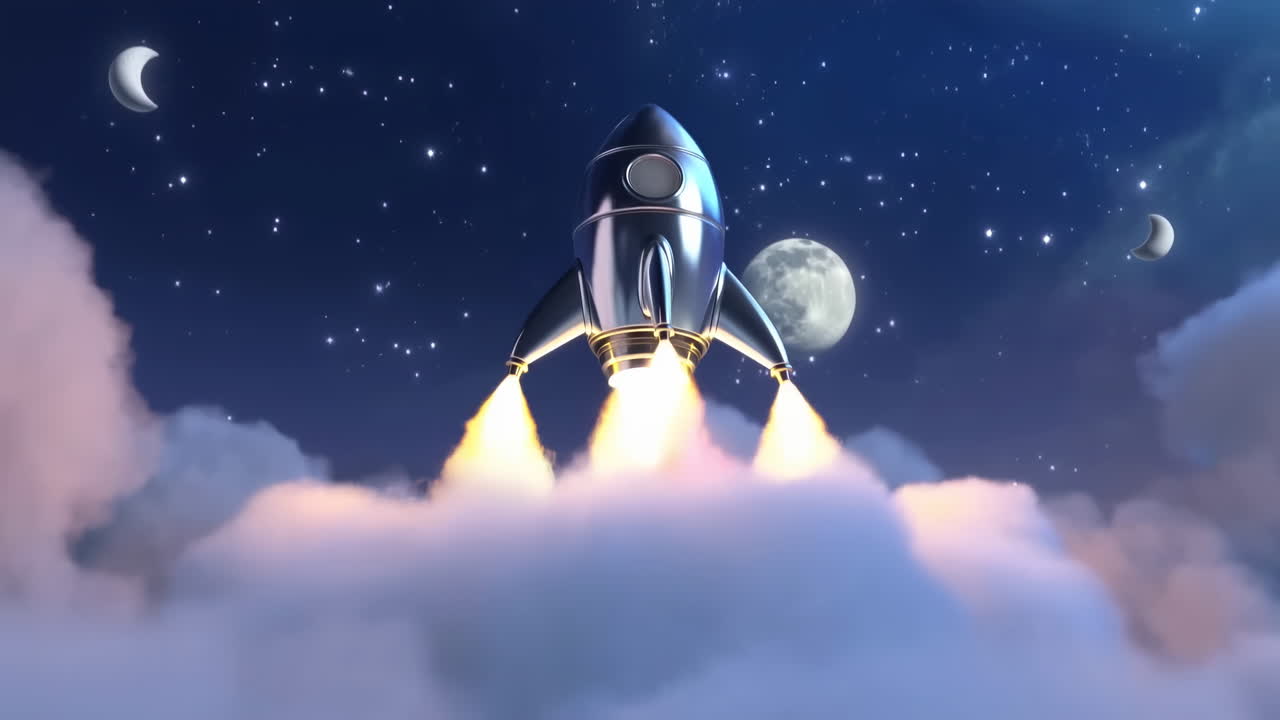 Night Rocket Launch Through Clouds Moonlit Sky With Colorful Smoke Trails And Retro Rocket Ascending
