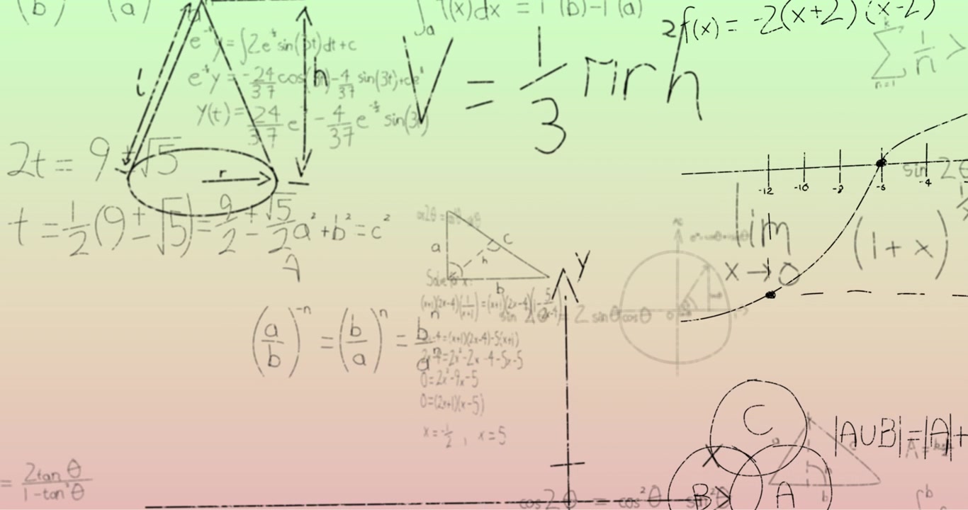 Animation of handwritten mathematical formulae over green to pink background