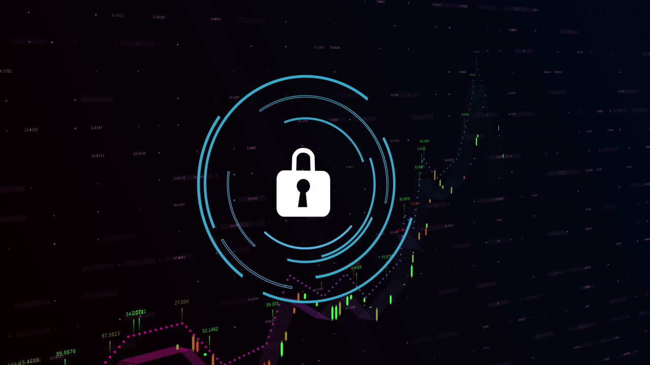 Animation of security padlock icon and financial data processing against black background