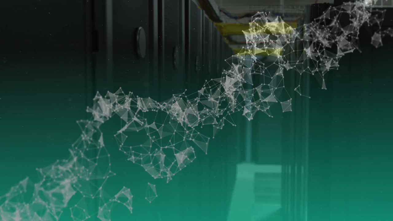 animación de la red de conexiones y cadena de adn sobre la sala del servidor.