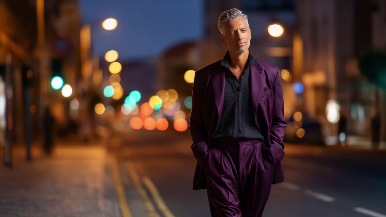 Uomo elegante in abito viola che cammina con sicurezza per le vie della città di notte, circondato dalle luci e dall'atmosfera vivace, trasmettendo eleganza e fascino