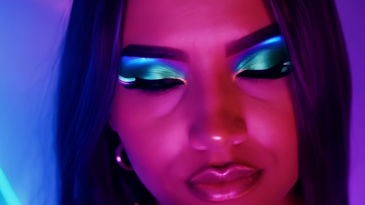 retrato en primer plano de una mujer con vibrante maquillaje de neón y iluminación.
