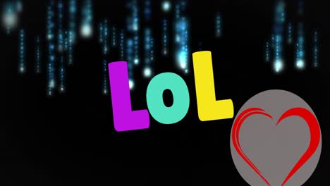 Animation-of-lol-text-with-heart-icon-over-light-spots-on-black-background