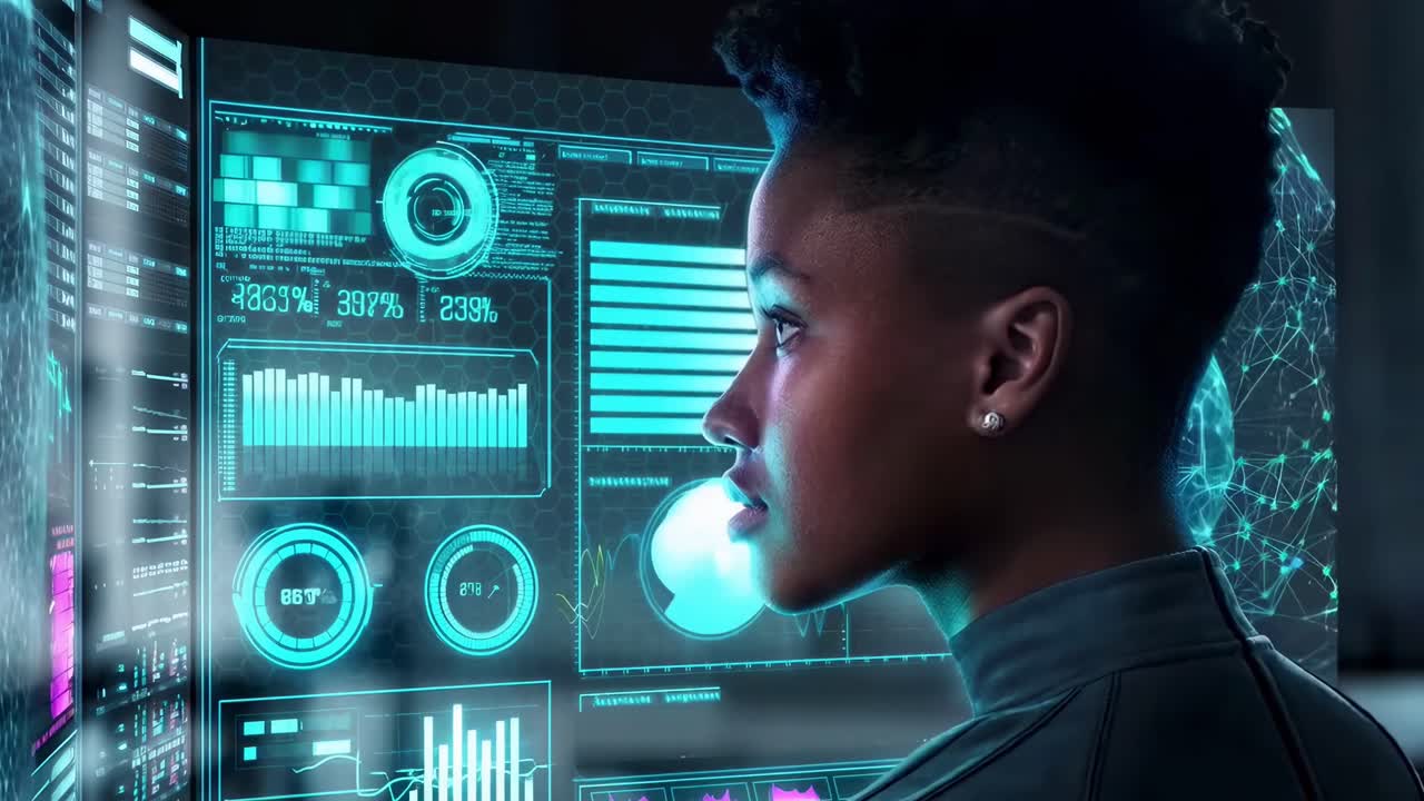 Side view of a person analyzing futuristic digital screens, evoking a sci-fi video feel