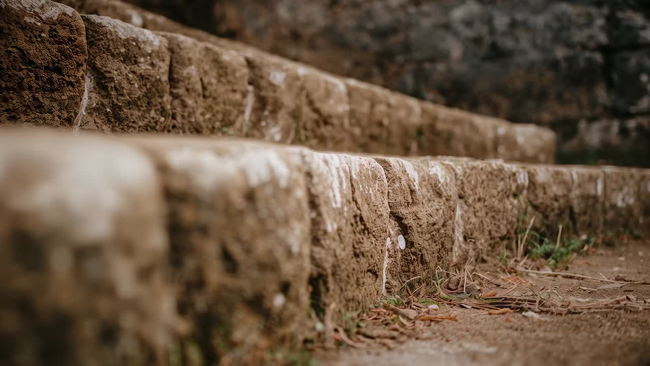 Moving camera low-angle filming worn stone steps at garden, focus rack shifting, revealing moss