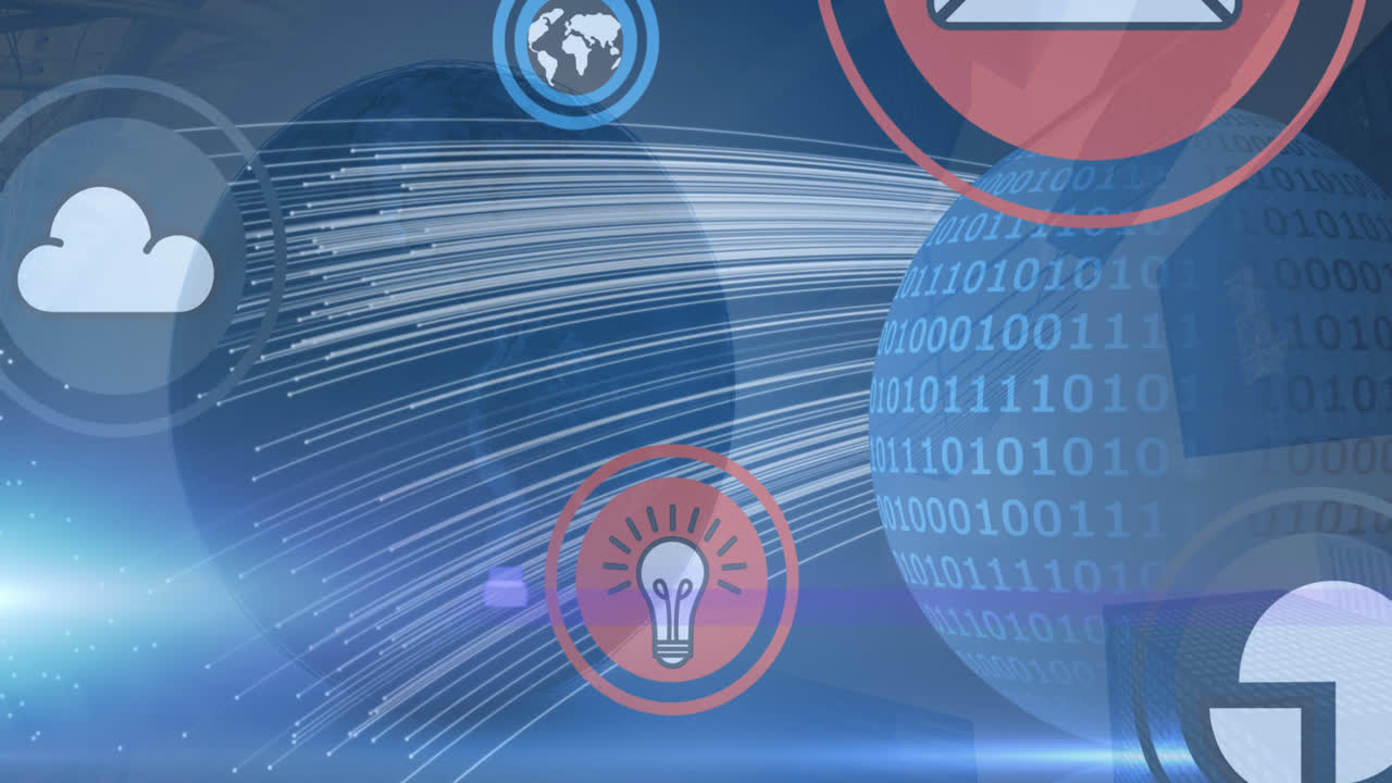 비즈니스 아이콘의 애니메이션과 빛의 점 위의 세계