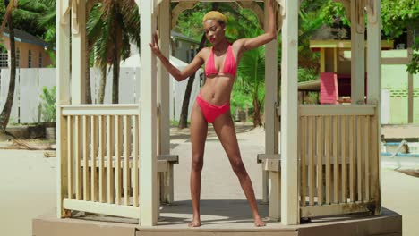 a black girl basks in the beauty of a caribbean beach, dressed in a vibrant red bikini