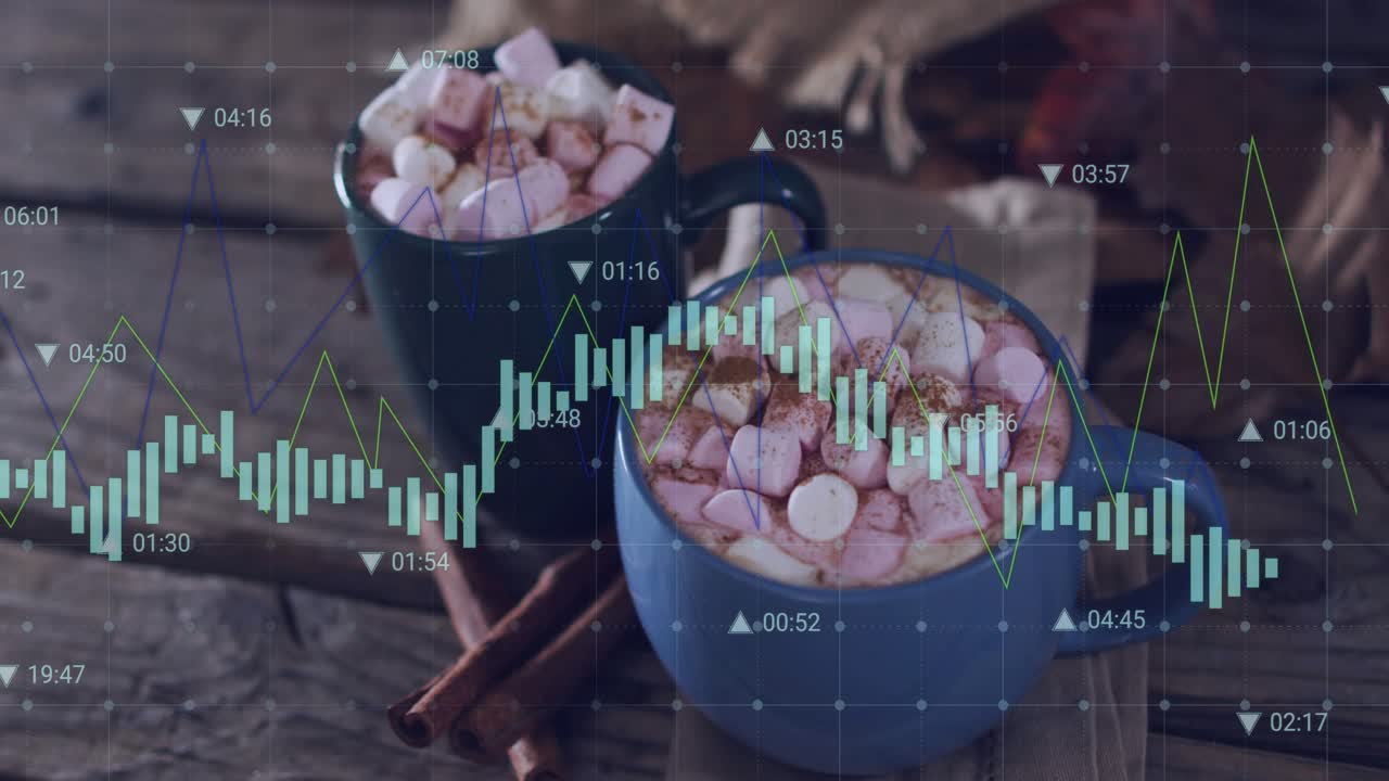Chart appearing on table as hands nudging mug with marshmallows showing market fluctuation