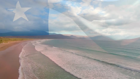 digital composition of waving chile flag against aerial view of beach and sea waves