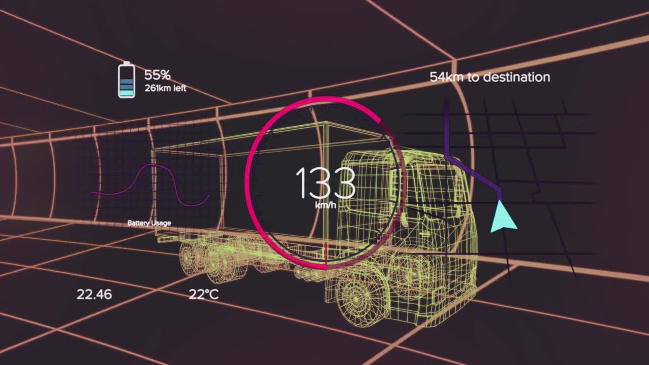 차량 인터페이스에서 스피도미터, gps 및 충전 상태 데이터의 애니메이션, 3d 트럭 모델