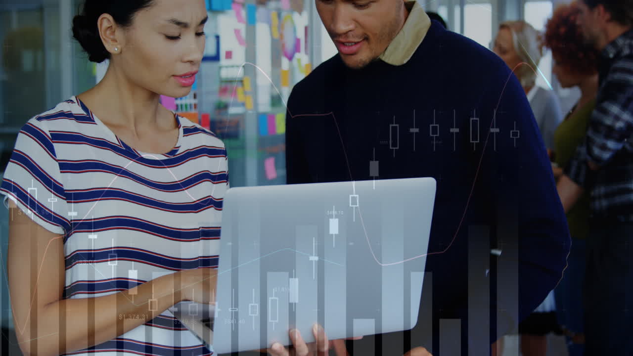 Animation of statistical data processing over diverse man and woman shaking hands at office