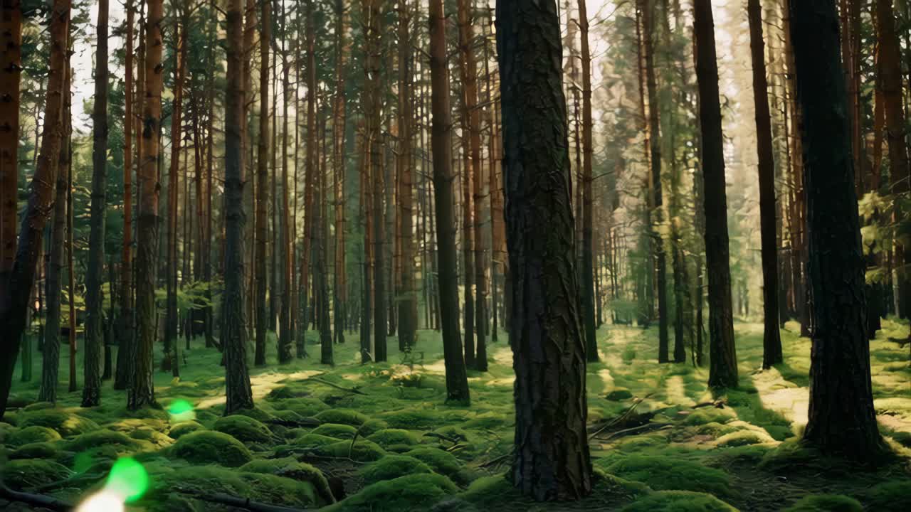 A serene video capturing sunlight filtering through a dense forest, highlighting lush greenery