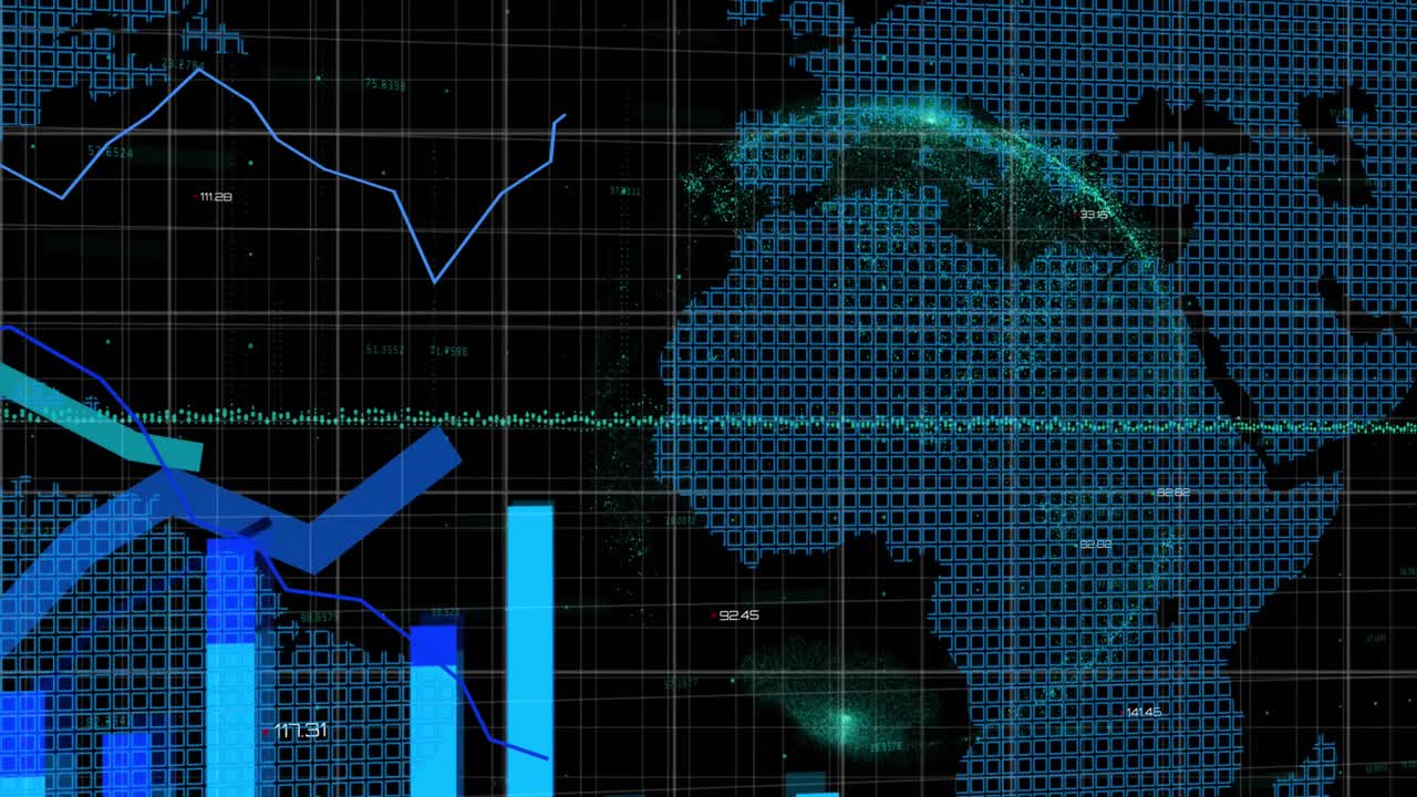 Animation of statistical data processing over world map and spinning globe against black background
