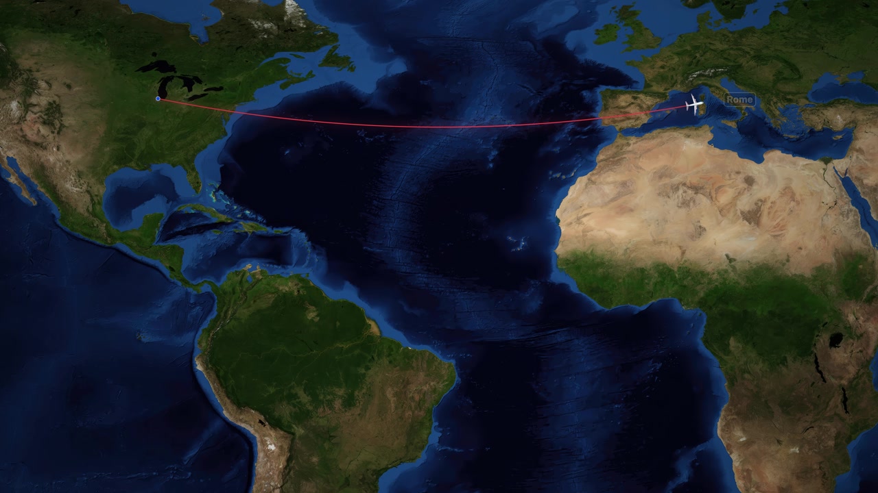 A digital animation tracks a plane flying from Chicago to Rome over a satellite map