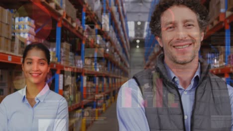 statistical data processing over diverse two male and female supervisor smiling at warehouse