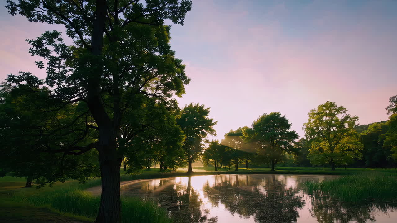 Sunrise or Sunset Over a Pond in a Park