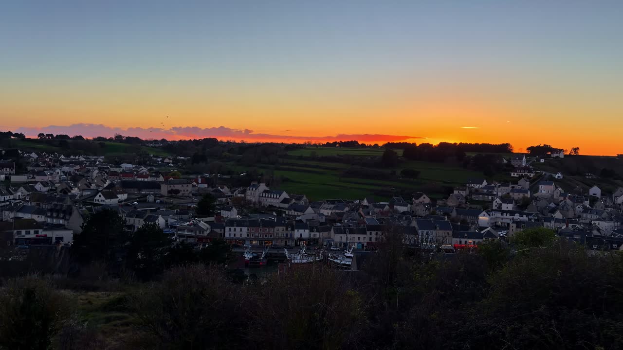 Aerial Panning View of Port en Bessin Normandy at Sunset with Agricultural Fields
