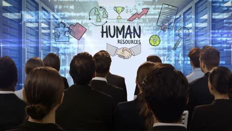 Business-people-looking-at-digital-screen-showing-human-resources