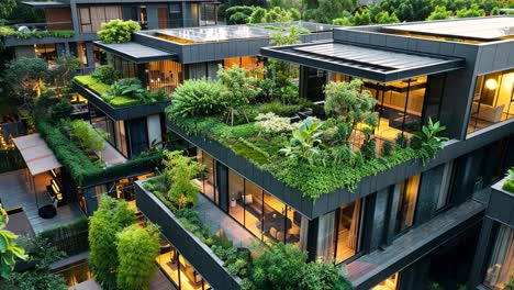 modern residential buildings with lush rooftop gardens and green balconies