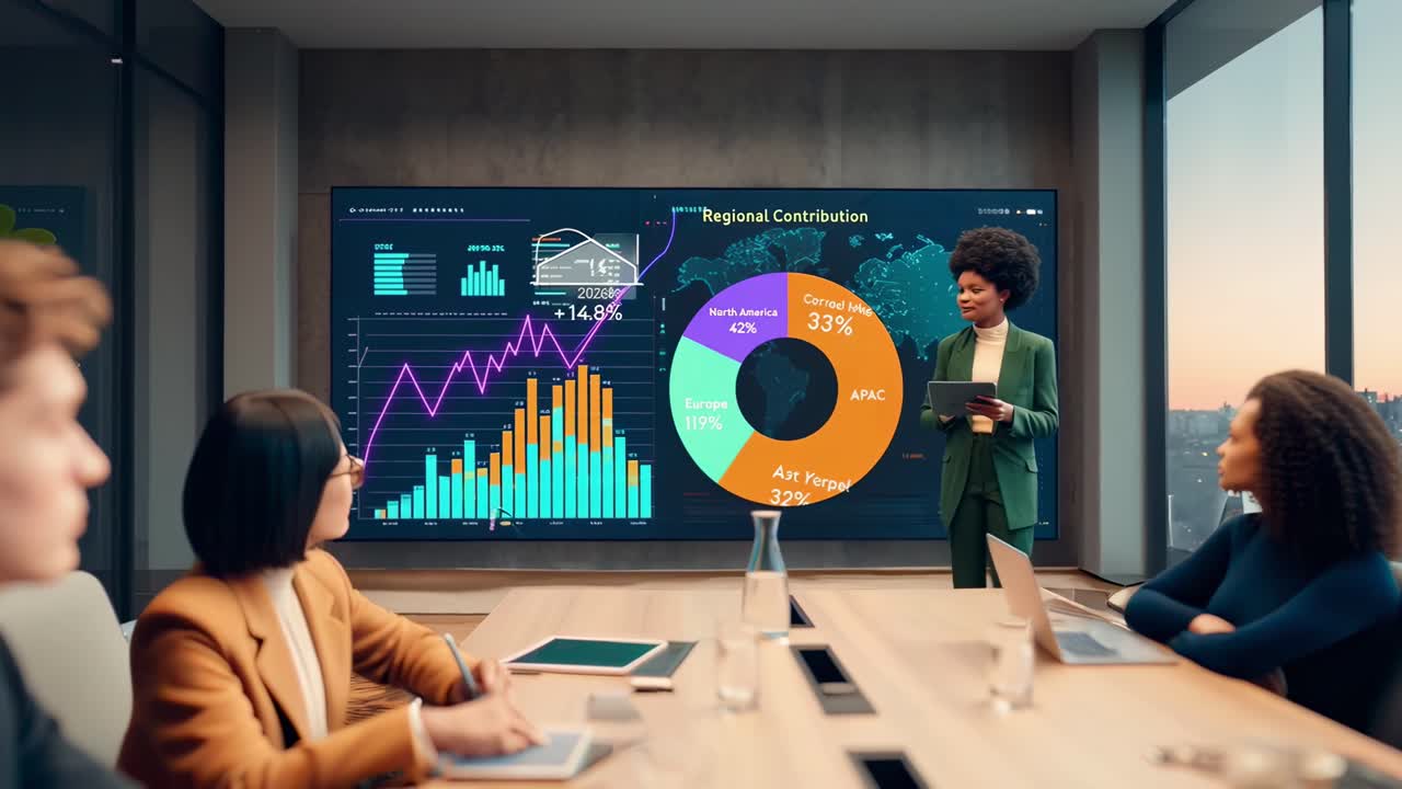 Aerial view of a business meeting with diverse team analyzing video data on a large screen