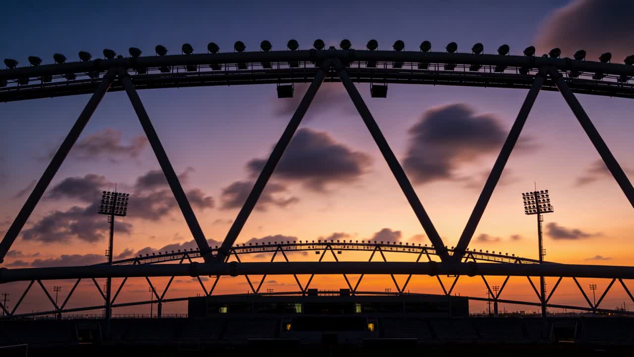Framing curved steel roof truss and seating bowl, sunset deepening, clouds drifting, towers glowing