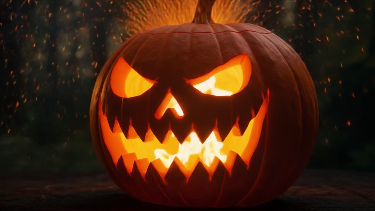 A captivating and eerie glowing Halloween pumpkin showcases a menacing grin and sharp teeth, capturing the celebration of spooky festivities and autumn magic