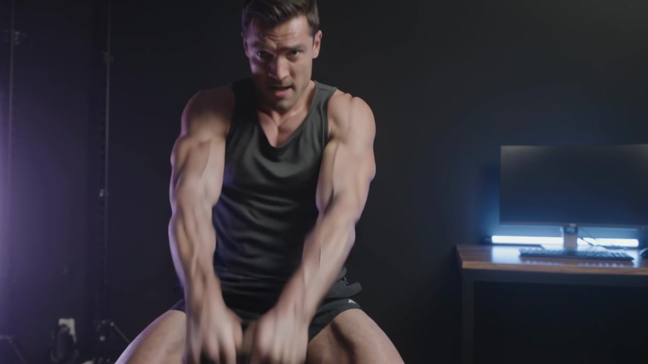 Driving hips, man doing kettlebell swings on low bench in studio wearing black tank for training