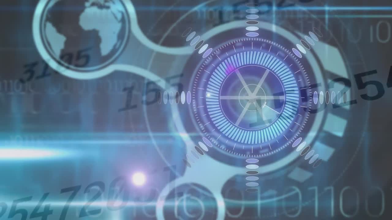 animación digital de múltiples números cambiantes sobre un escáner redondo contra un fondo azul