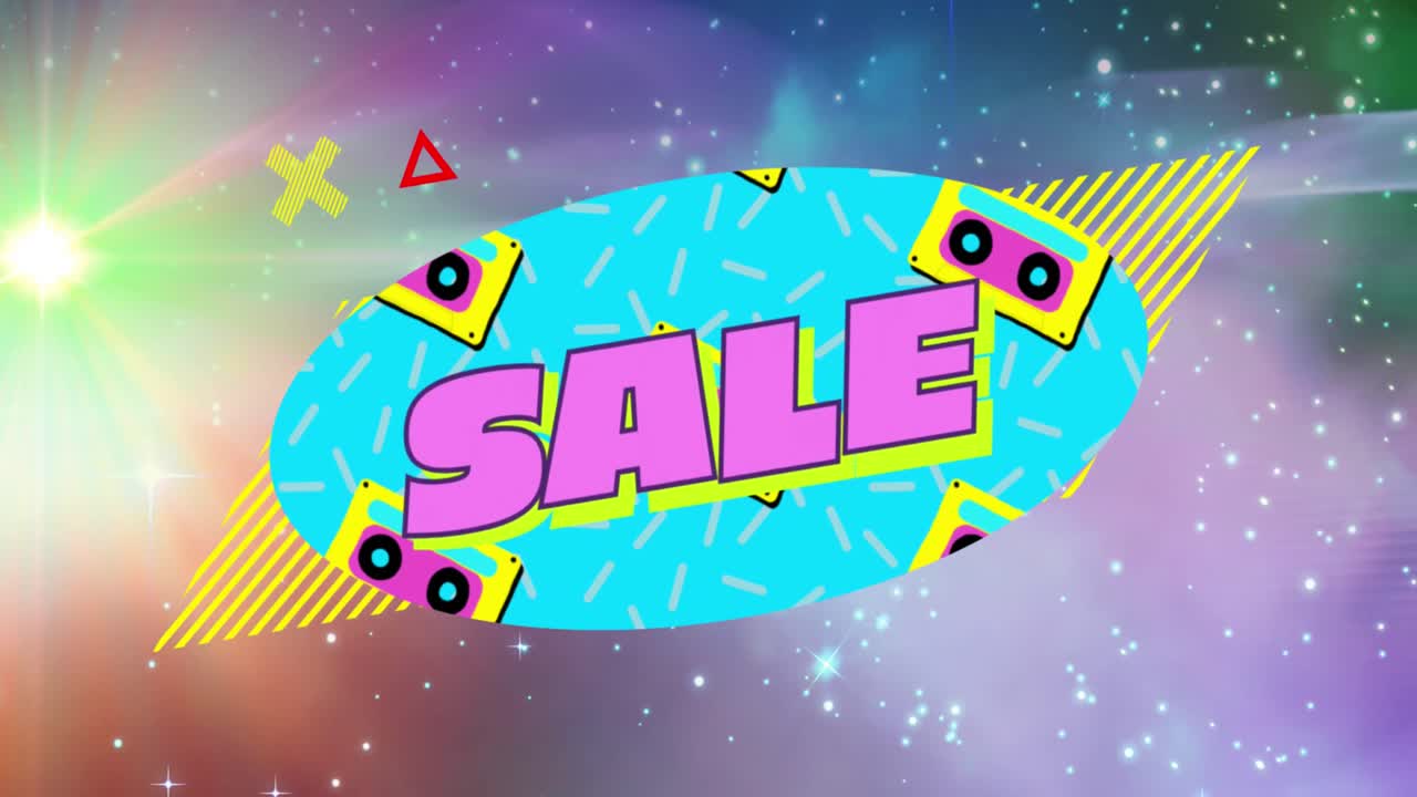 animación digital del texto de venta contra partículas abstractas coloridas y brillantes en el fondo