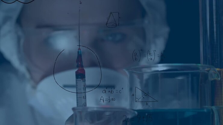 Animation von mathematischen Gleichungen über einer Wissenschaftlerin, die eine Spritze hält