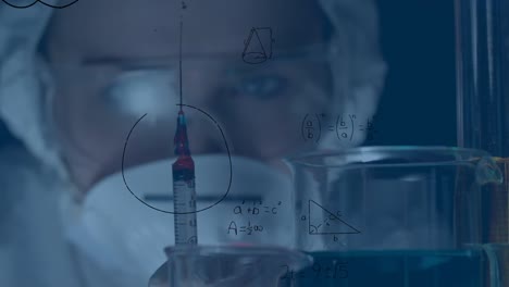 Animación-De-Ecuaciones-Matemáticas-Sobre-Una-Científica-Sosteniendo-Una-Jeringa