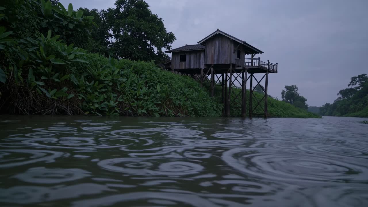 Wooden House on Stilts by a River on a Rainy Day