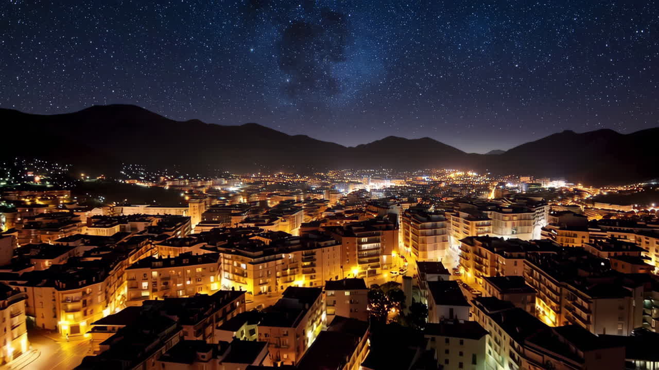 Night view of a city nestled in mountains, with a starry sky