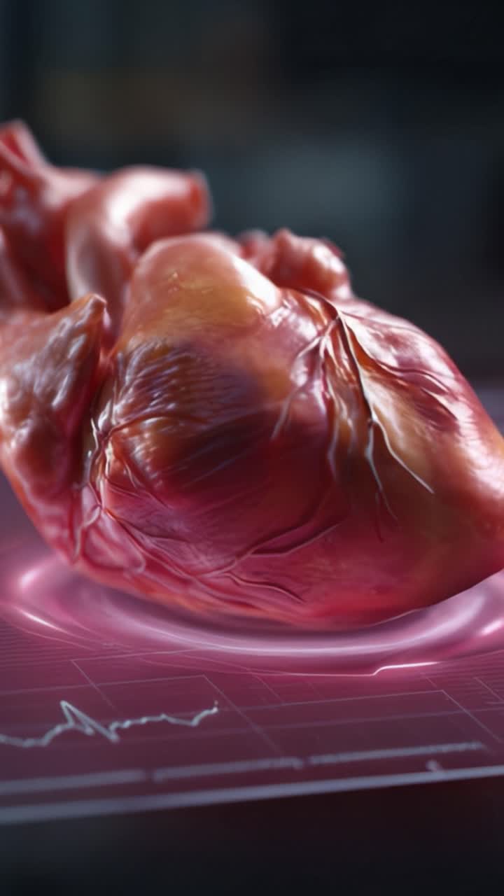Un renderizado 3D hiperrealista de un corazón humano mostrado en una interfaz digital, que exhibe su intrincado diseño y textura en un contexto científico.