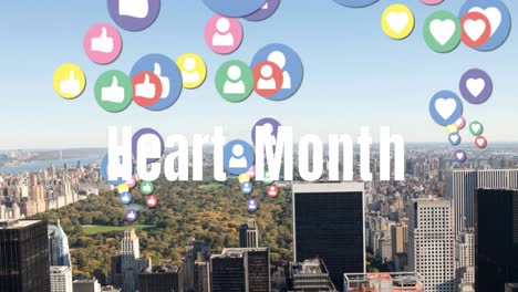 Animation-of-heart-month-text-and-falling-social-media-icons-over-cityscape