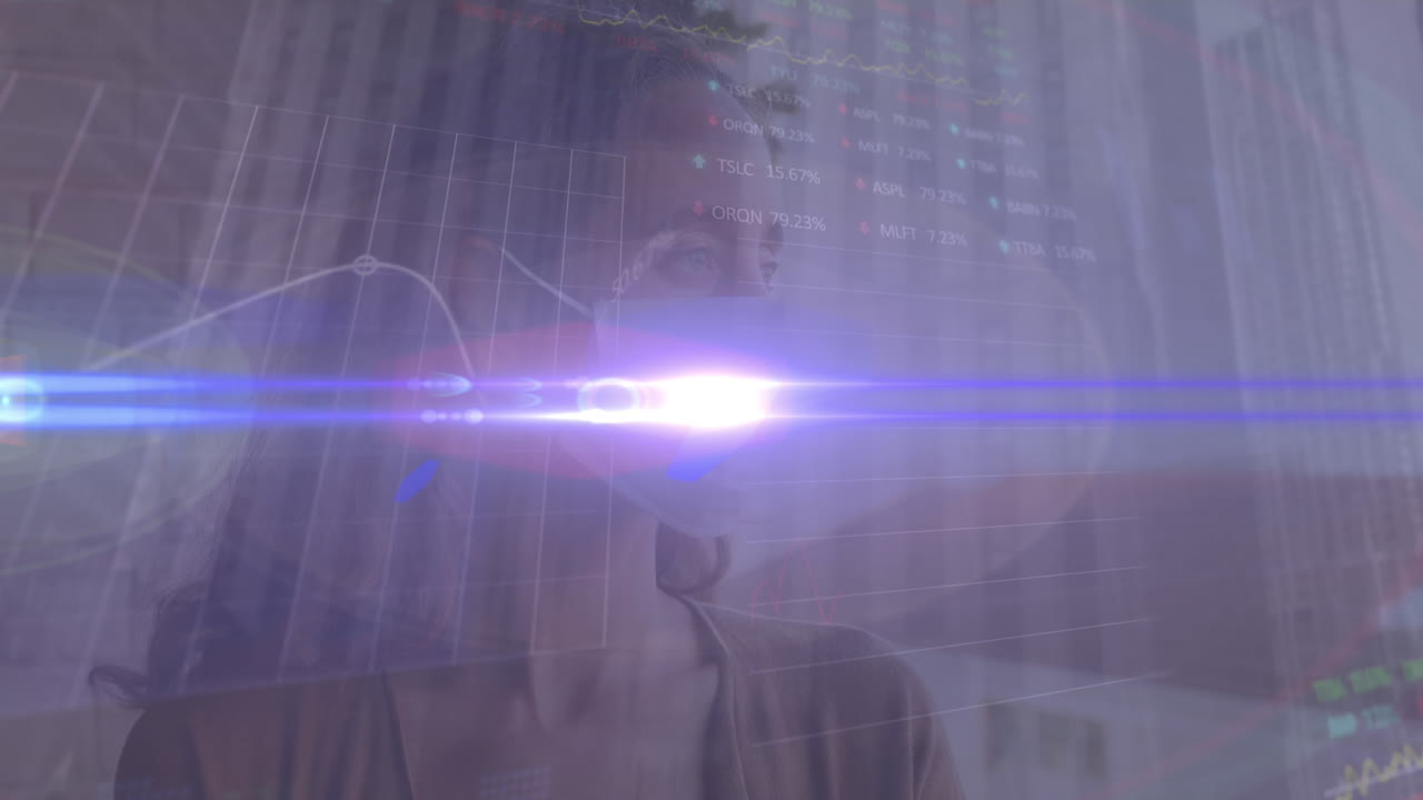 animación del procesamiento de datos sobre una mujer con máscara facial