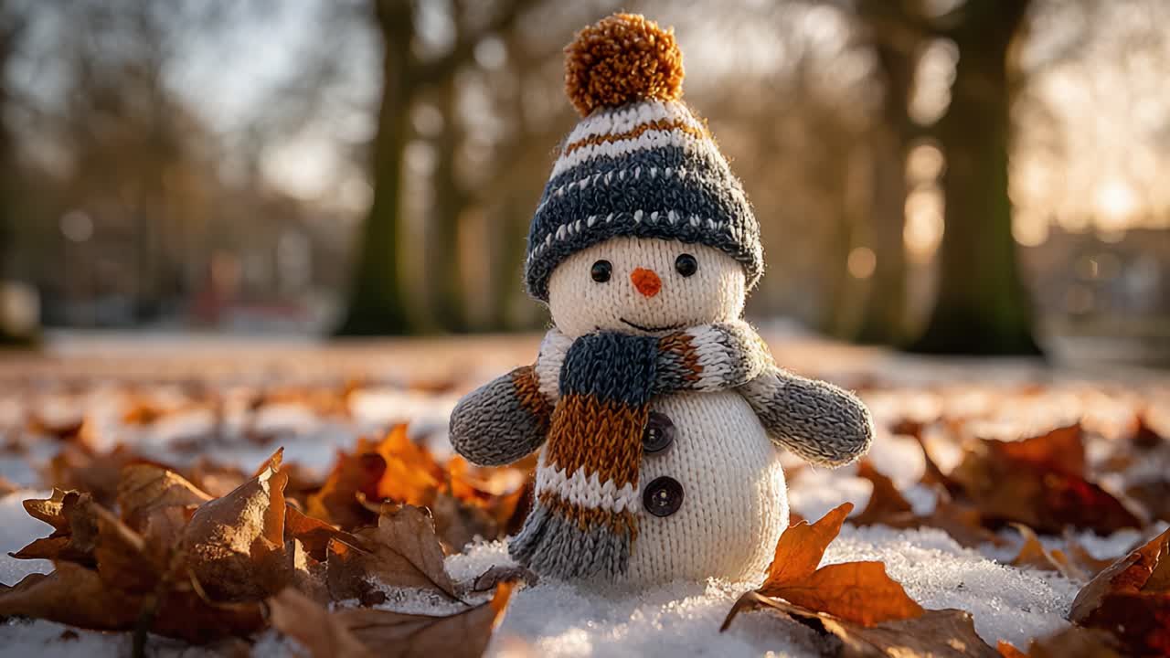 Charming Knit Snowman Amidst Autumn Leaves in a Refreshing Winter Landscape, Captured in a Magical Setting with Soft Lighting and Vibrant Colors